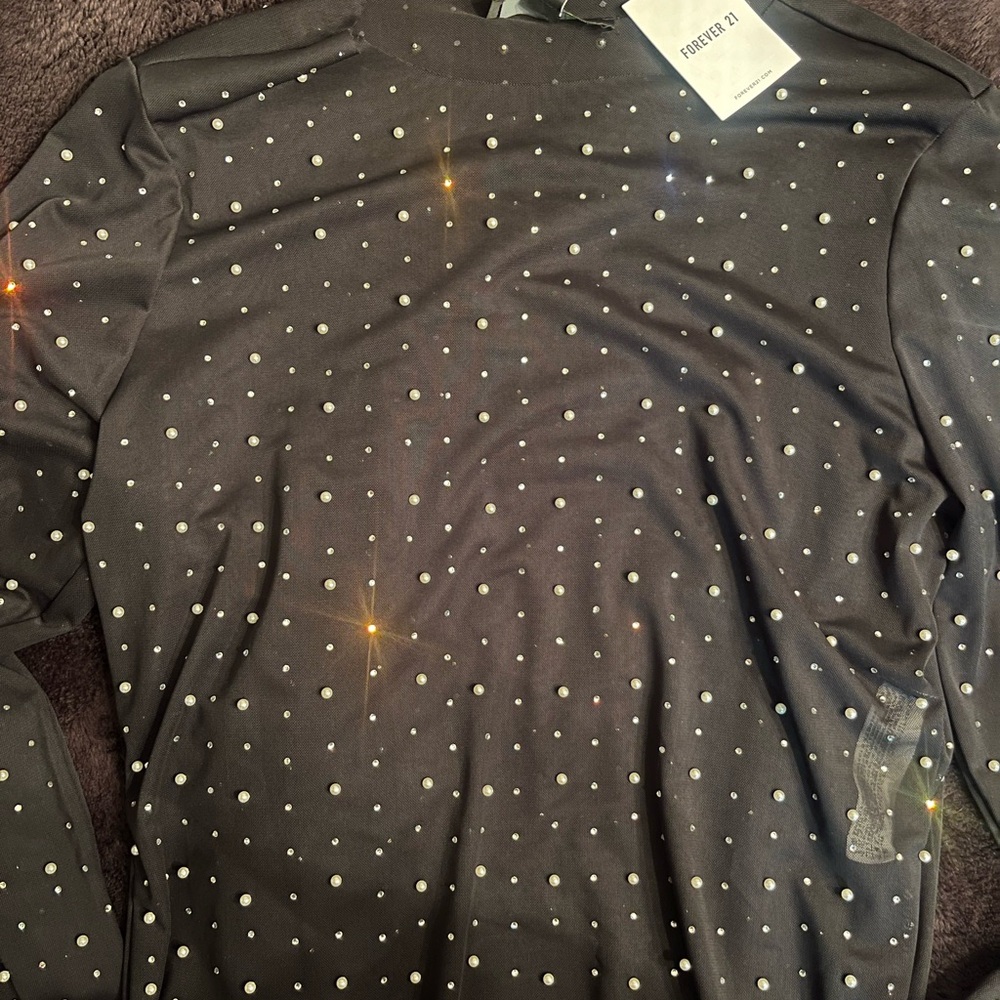 Forever 21 Black Studded Mesh Long Sleeve Top